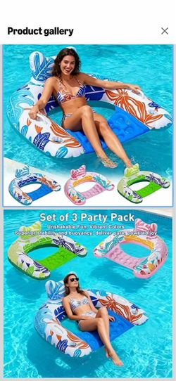 Pool Floats, 3P/4Pack Inflatable Pool Floats Adult Pool Chairs, U-Shaped Pool Float Lounger with Comfortable Headrest Cup Holders Handles, Portable Po