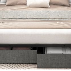 King Metal Platform Bed Frame with 4 Upholstered Drawers