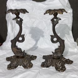 Bronze Dragon Koi Fish Candle Holders Set
