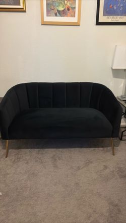 Dark Blue Velvet Loveseat with Gold Legs
