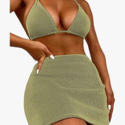 Ribbed Khaki And Black swim Set