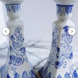 Vintage Chinese Blue & White Floral Porcelain Candlesticks 8.5” H