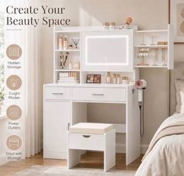 White Vanity Set LED Lighted Rectangular Mirror, Storage, 2 Drawers, Stool
