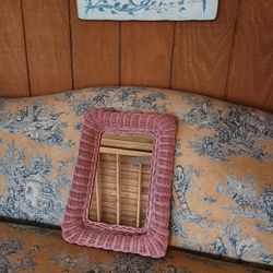 Boho Pink Wicker Mirror 16x12 Dresser vanity perfume tray? rattan beachy Mauve dusty rose