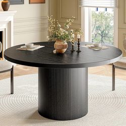 B508 $110  47 inch Round Dining Table for 4, Circle Kitchen Table with Wood Strip Base, Modern Farmhouse Dinner Tables for Kitchen, Living Room (Black