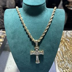 14k Yellow Gold Men’s 123 Gram Set Rope Chain Necklace With Cross Pendant 4-6 Carats Natural Diamonds 