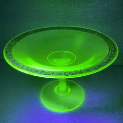 Green Vaseline Glass Compote 24K-Gold-Rim Candy/Trinket Dish (Height: 6-1/4”)