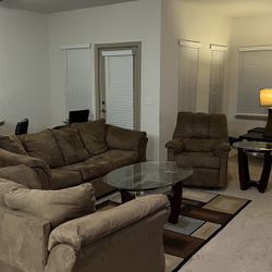Short Sofa, Recliner , Two Glass Tables , And Carpet $300