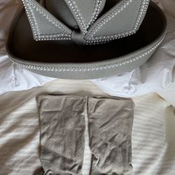 Grey Wool Felt Hat w/Synthetic Pearls and Rhinestones Label-Jack McConnell, New York. 13”X14”X8” High, and Gloves.