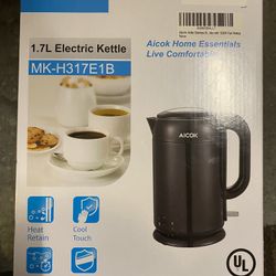 Electric Kettle Double Wall Cool Touch, Stainless Steel Interior (Non-Plastic Touch Water) 1.7 Liter Auto Shut Off 1500W, Bright Black