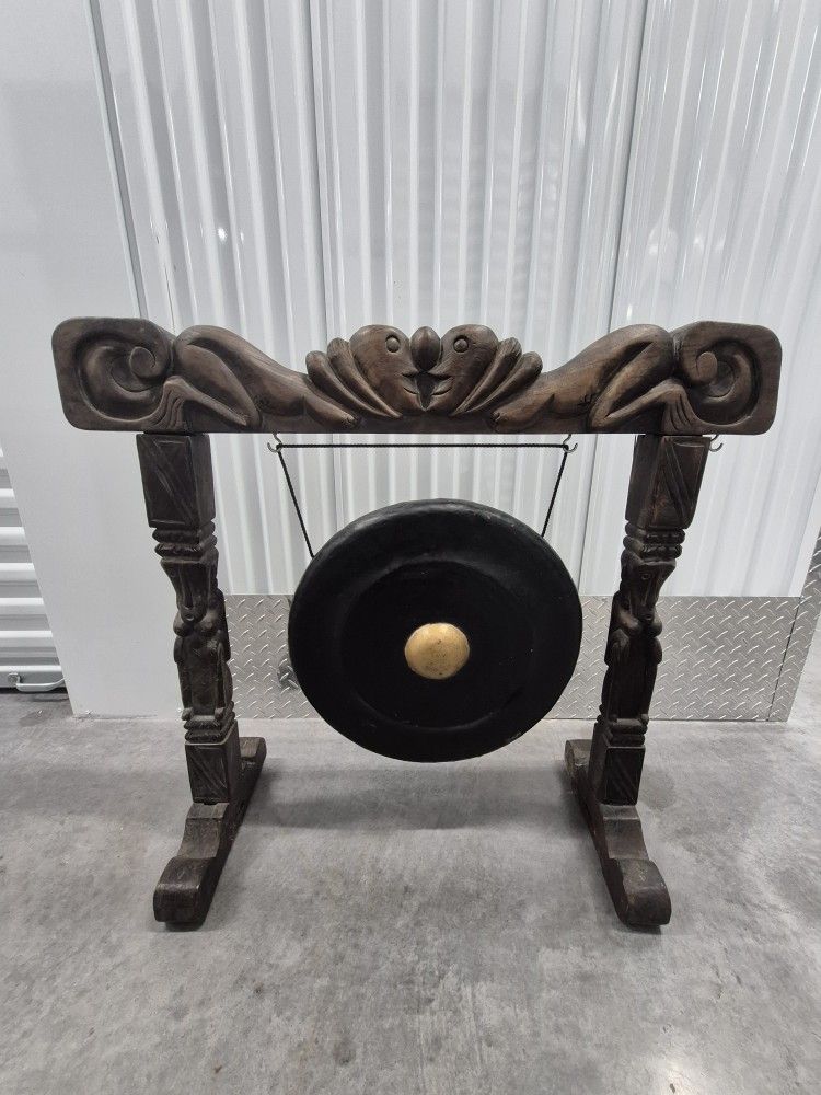 Traditional Balinese Gong With Carved Wooden Stand