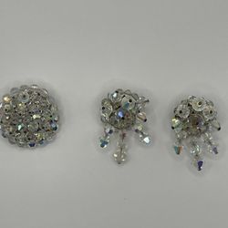 1950s Aurora Borealis Iridescent Crystal Beaded Clip On Earrings & Brooch/pin 