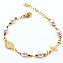 ✨ 18K Gold Plated/ stainless steel Pearl Bracelet - Cross & Medal ✨