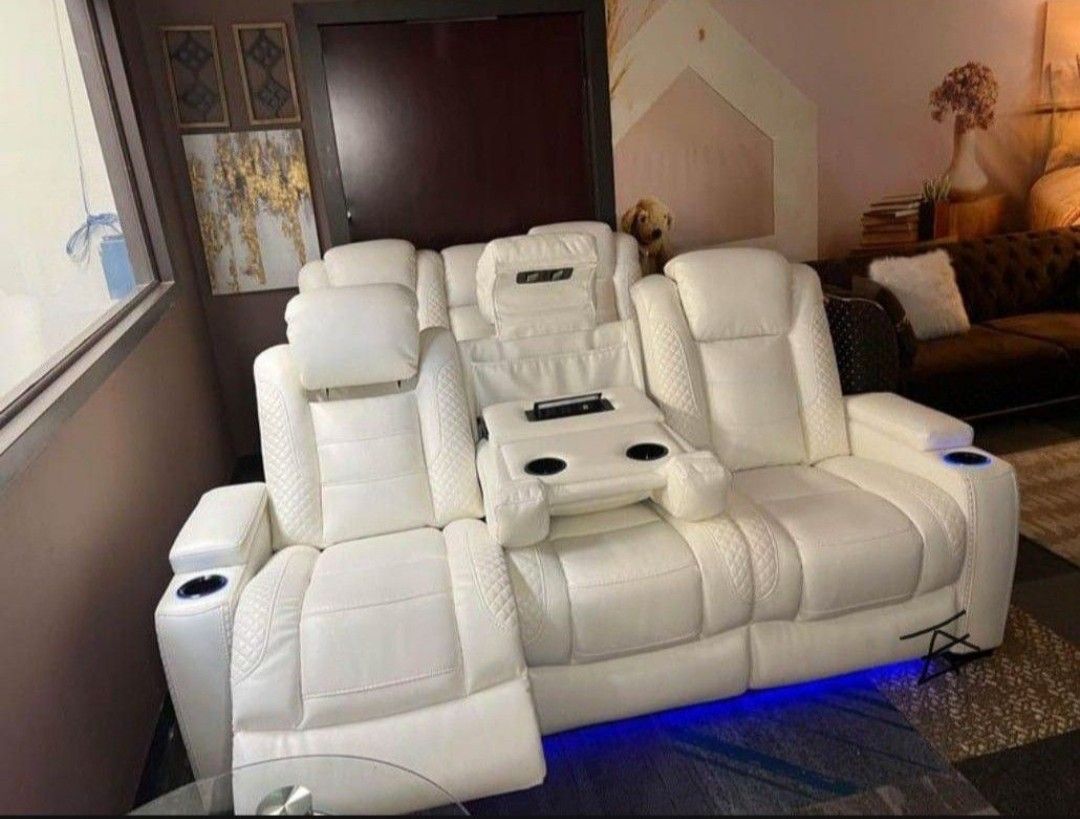 Party Time White Power Reclining Sofa,Drop Down Console w/Under Light