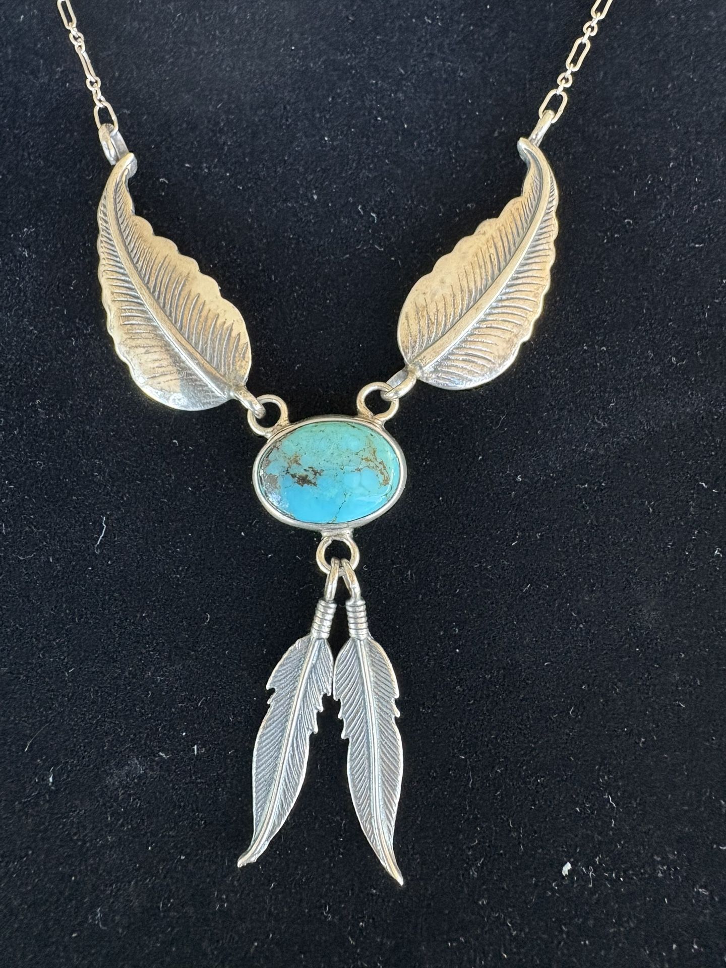 Native American Navajo Turquoise Sterling Silver Feather Pendant Necklace