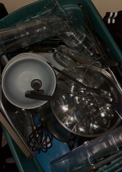 Kitchen utensils, pots, plates, etc