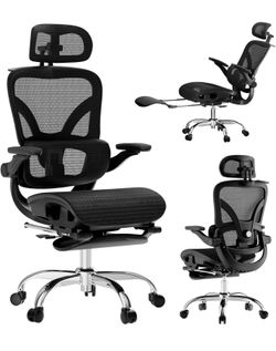 Ergonomic Mesh Office Chair, Home Desk Chair Comfy High Back with Adjustable Lumbar Support, 3D Headrest, Flip-up Arms, Big and Tall Reclining Compute