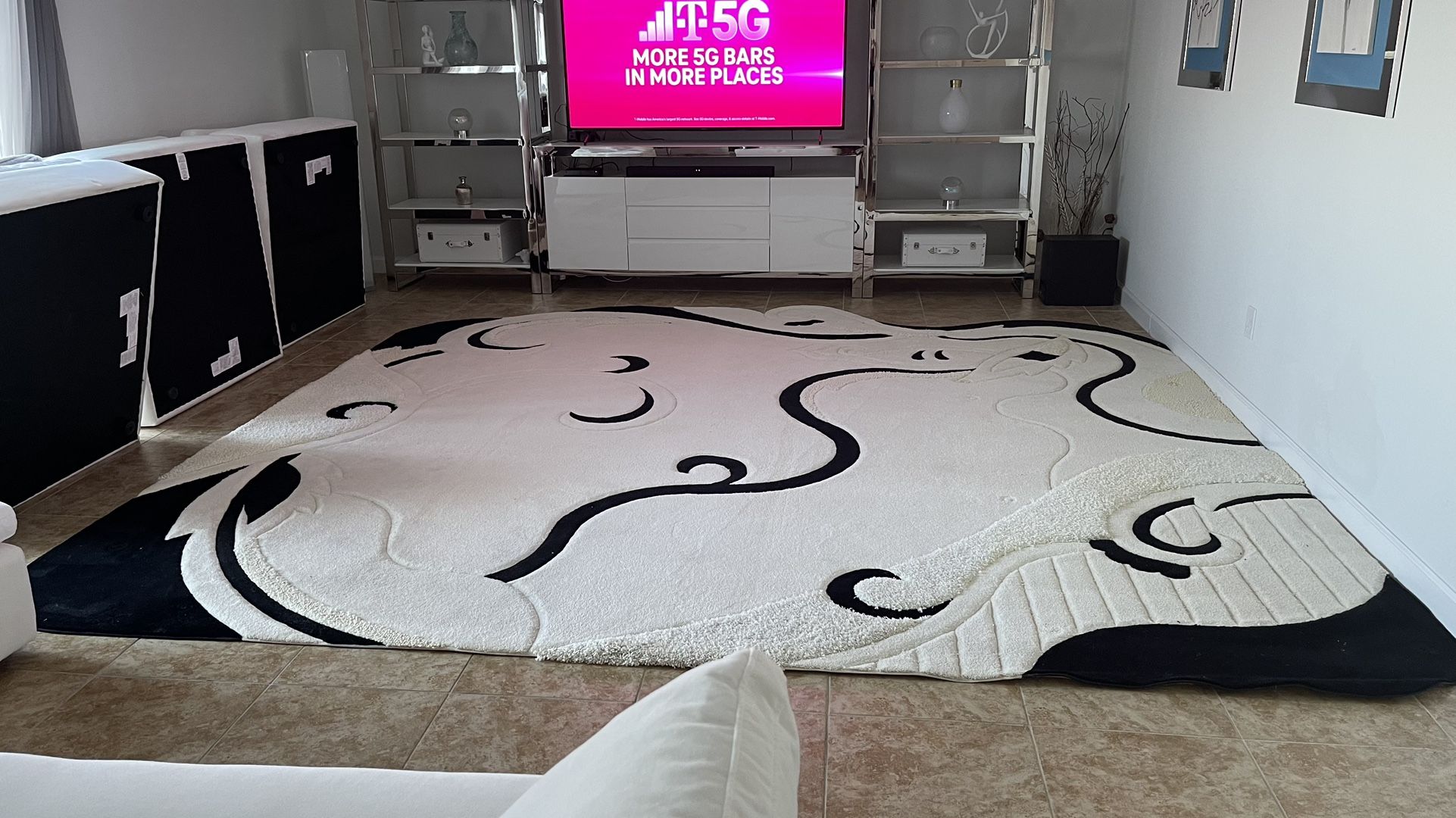 White/Cream And Black Area Rug 13x13
