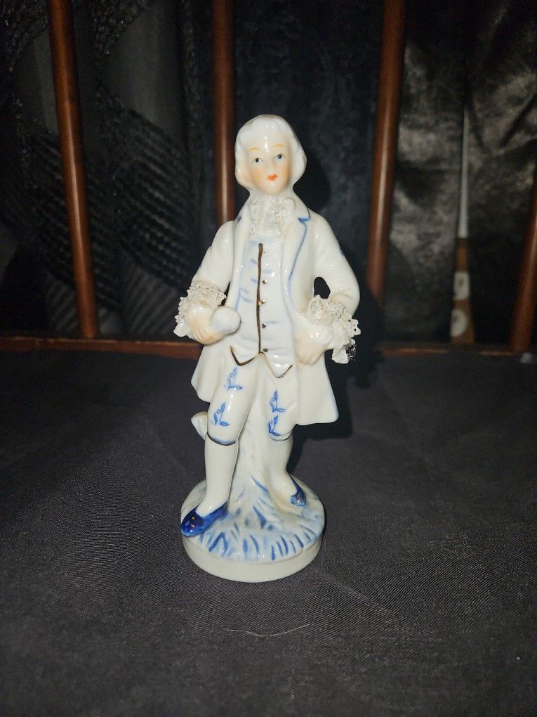 Beautiful Czech Porcelain Male Figurine in all White with Blue Accents