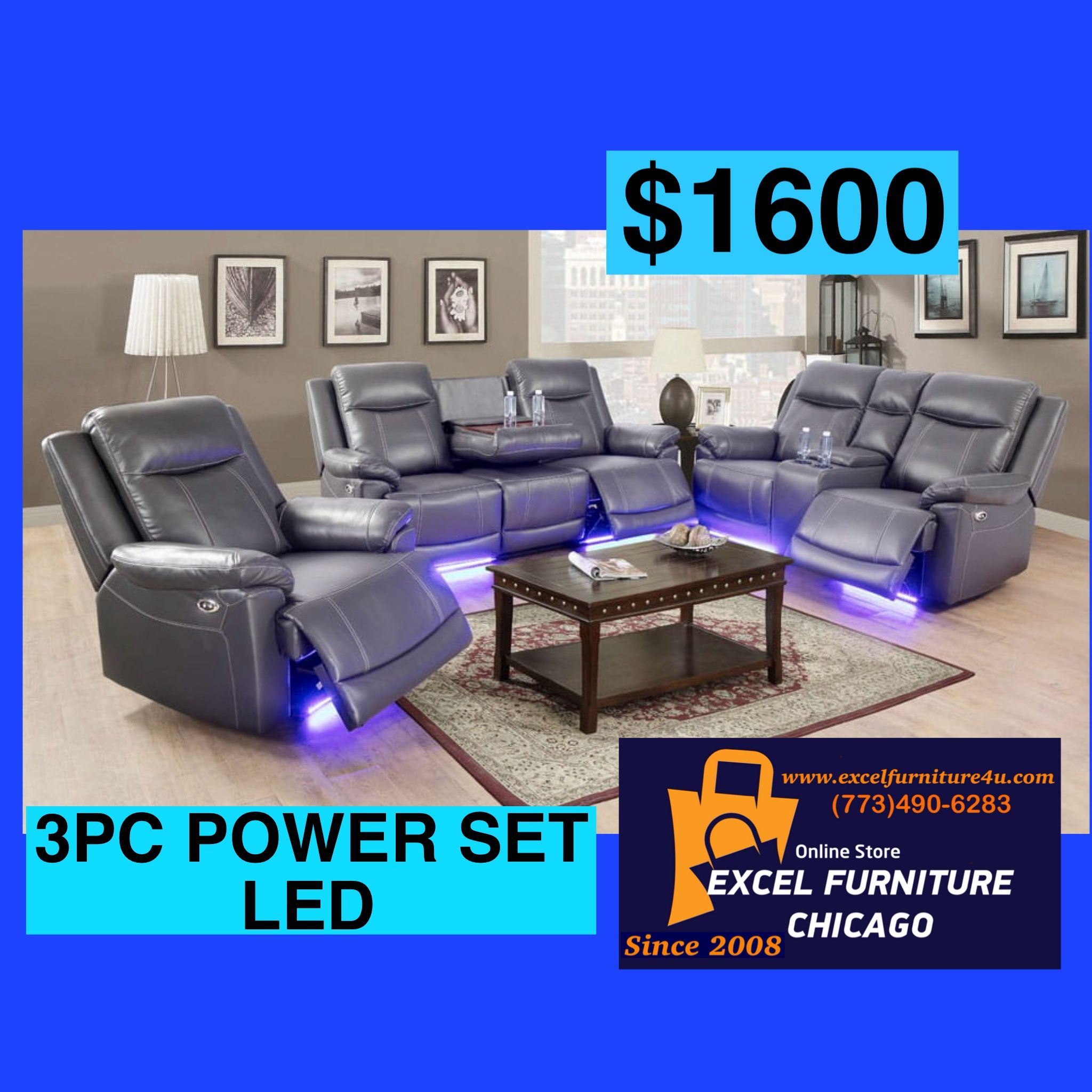 💥FREE DELIVERY💥Brand New POWER, LED, USB  3PC Reclining Sofa Loveseat Chair Set 