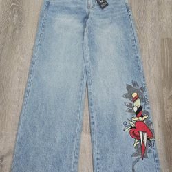 Ed Hardy Dagger Heart Retro Light Loose Fit Wide leg Jeans Sz. 24
