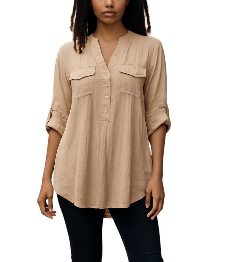 Cocomo Beige Sheer Crinkle Blouse – Henley Neck, 3/4 Sleeves (L/XL)