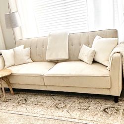 Beige Futon Tufted Velvet Sofa Couch