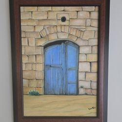 Vintage original Oil Painting on canvas(2006) of Middle Eastern  building  with blue door   Size 20"x14"
