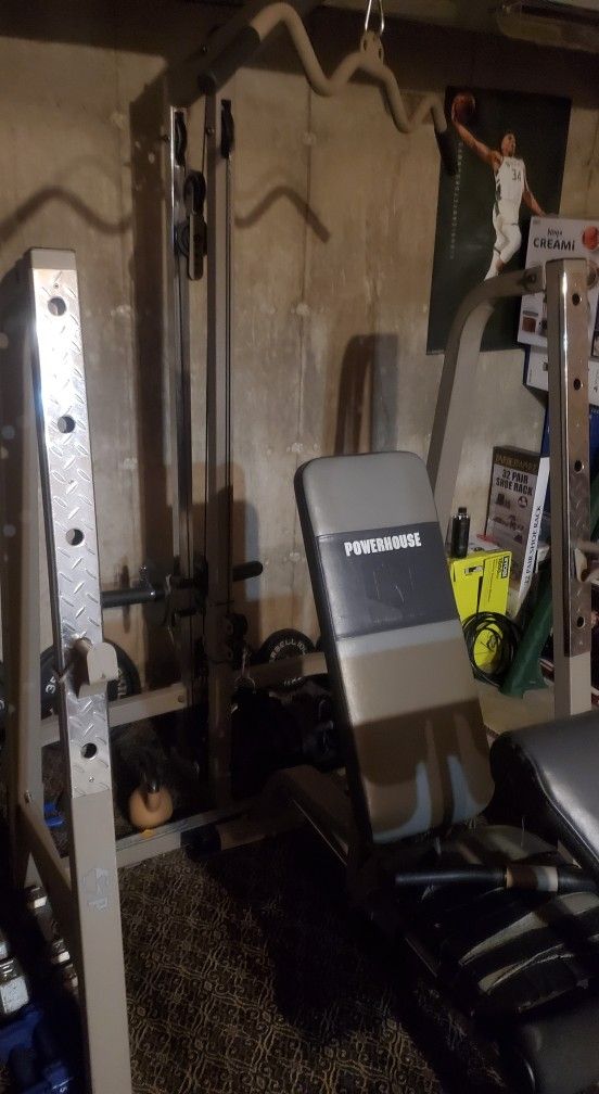 POWERHOUSE Gym Weight Lifting Starter Kit Pull Down Curls Adjustable Incline Bench Press (READ DETAILS)