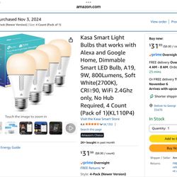 Kasa Smart Light Bulbs that works with Alexa and Google Home, Dimmable Smart LED Bulb, A19, 9W, 800Lumens, Soft White(2700K), CRI≥90, WiFi 2.4Ghz only