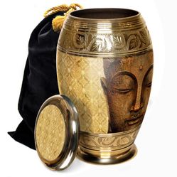 Brand New Large Golden Buddha Cremation Urn: Hand-Engraved Aluminum, Secure Lid