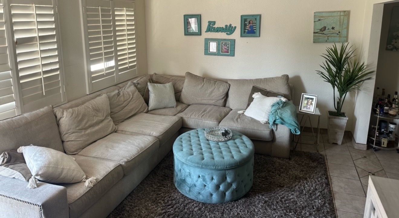 Sectional couch with ottoman and chairs