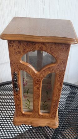 Vintage LONDON LEATHER wooden JEWELRY organized BOX w MIRROR & etched glass DOOR