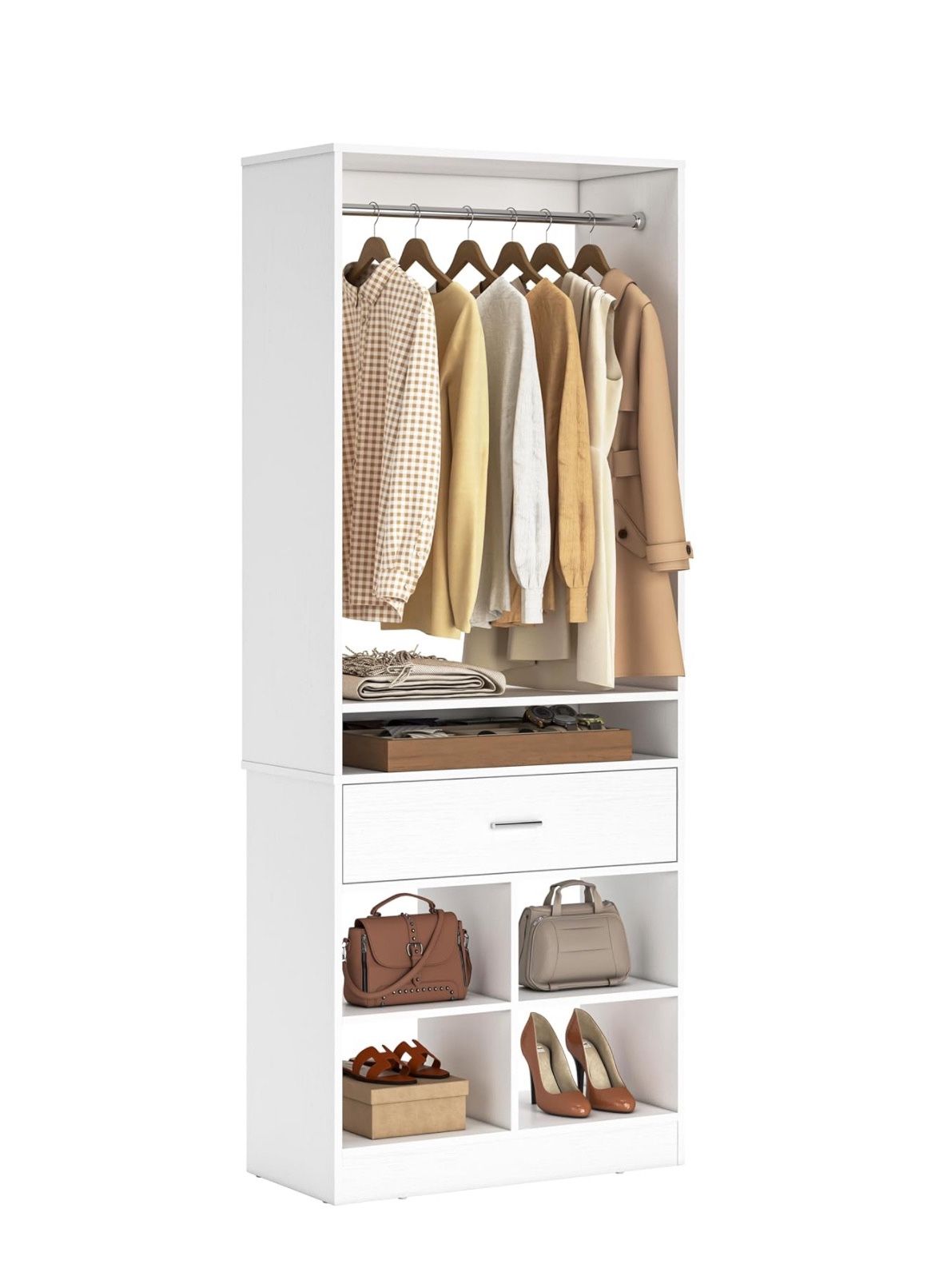 Freestanding Closet System with Wood Drawer and 4 Cubby Storage, Closet Organizer with Hanging Rods & Shelves, 25‘’W X 80'' H Clothes Garment Rack, Wa