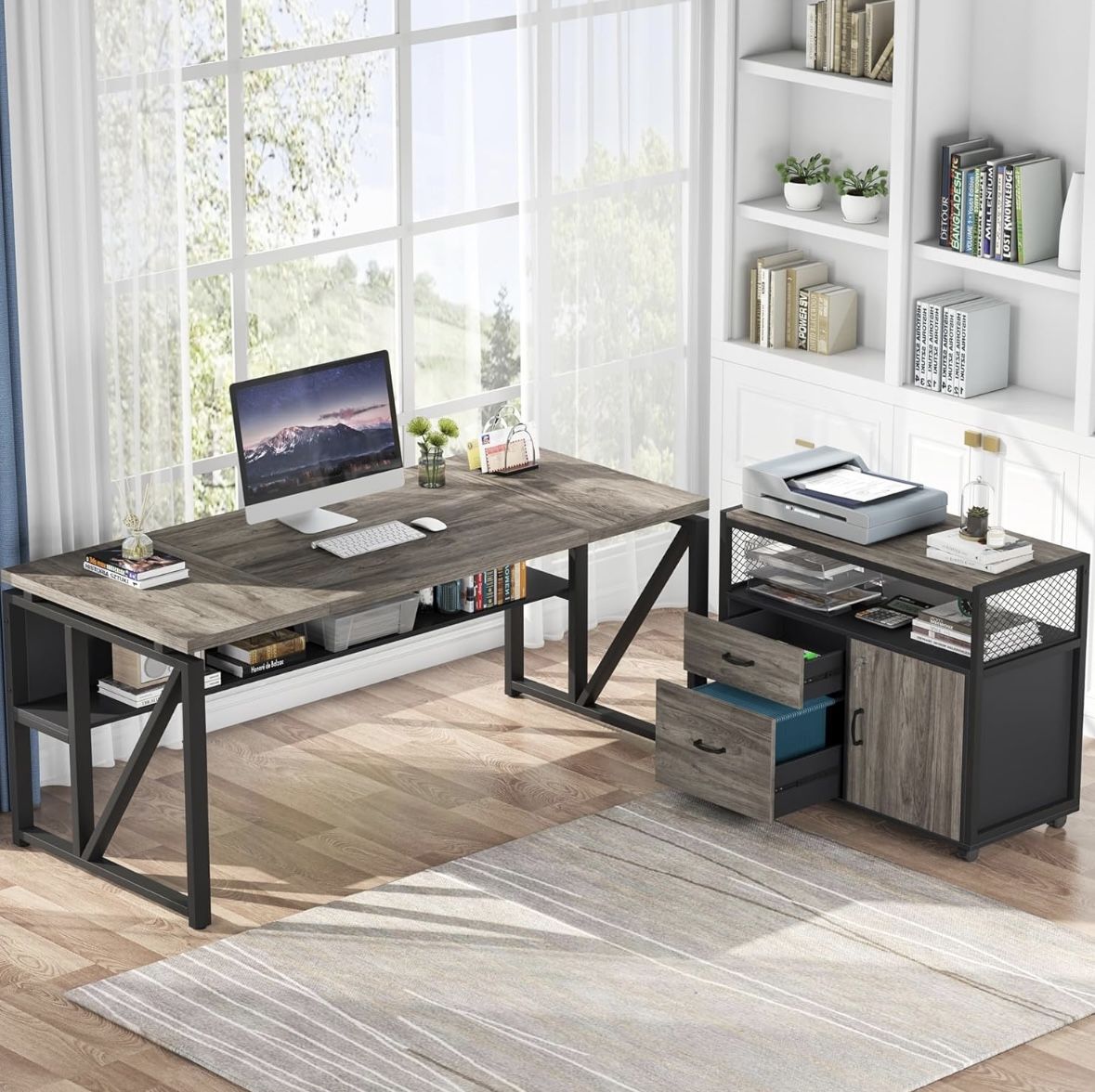 Tribesigns L Shaped Desk with Drawer Cabinet, 63" Executive Computer Desk and lateral File Cabinet, 2 Piece Home Office Furniture with Drawers for Han