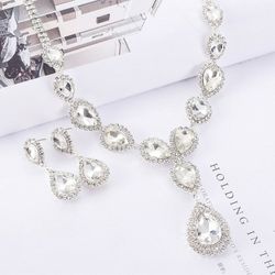 Teardrop Wedding Bridal Jewelry Set Necklace and Dangle Earrings Set