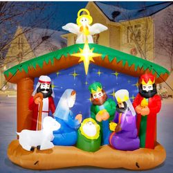 8FT Christmas Inflatables Nativity Scene, Blow Up Christmas Nativity Scene, LED Lighted The Birth of Jesus Scene Inflatables Decor, Christmas Outdoor 
