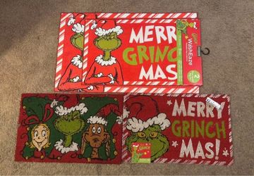 Set of 2 washable grinch rugs and 2 outdoor mats