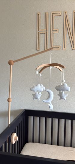 Wooden cloud and moon mobile and hanger for crib