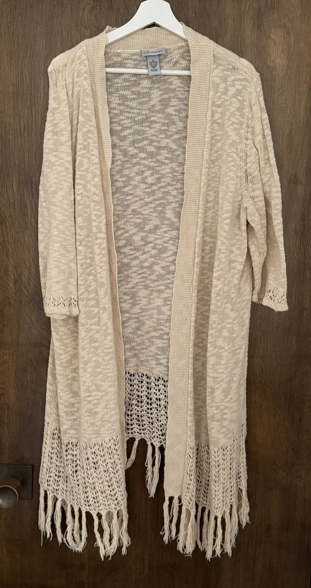 Catherines Cream Women’s Linen Blend Open Front Fringe Crochet Cardigan, size 2X