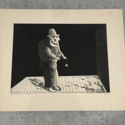 Surreal Etching "Man and Owl" by Listed Israeli Artist Benjamin Levy 8/100