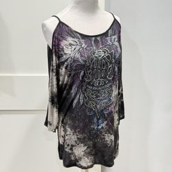 Harley Davidson Studded Black Purple Quarter Sleeve Cold Shoulder Shirt Women’s