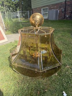 Vintage Brass & Smoked Glass 8-Light Chandelier 24”