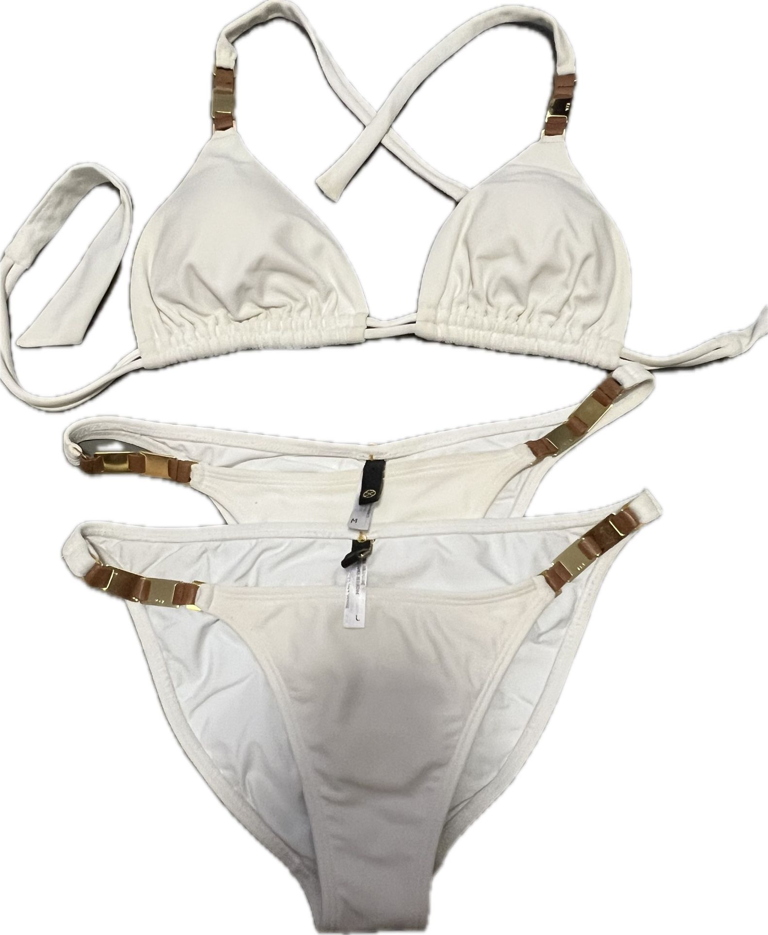 Rare ViX Paula Hermanny White Bikini with Leather and Gold Hardware