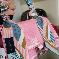 Nappa Denim Printed Small Hourglass Top Handle Bag Denim Pink