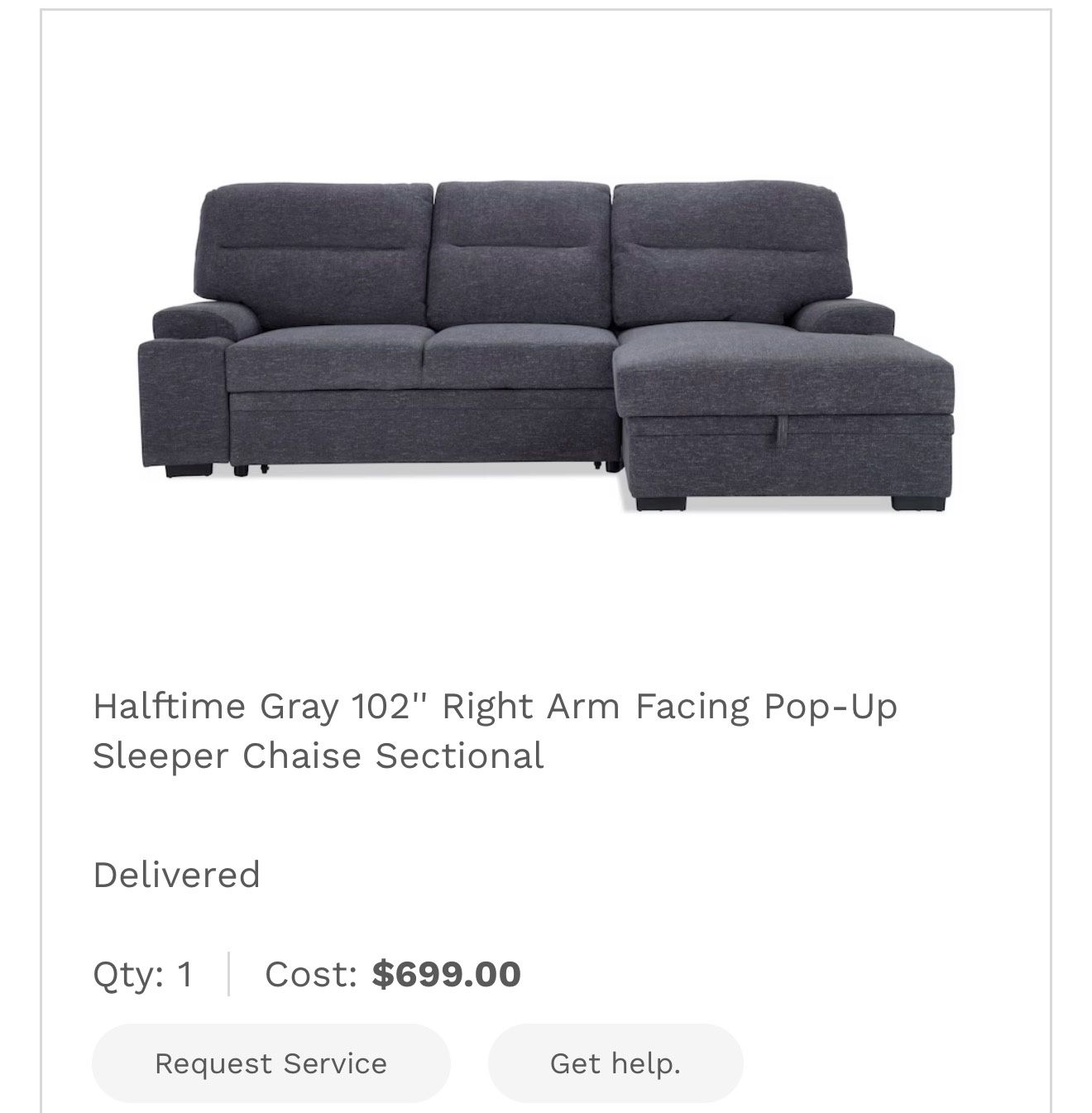 Halftime Gray 102” Pop-Up Sleeper Sectional — $175 Pick-up only