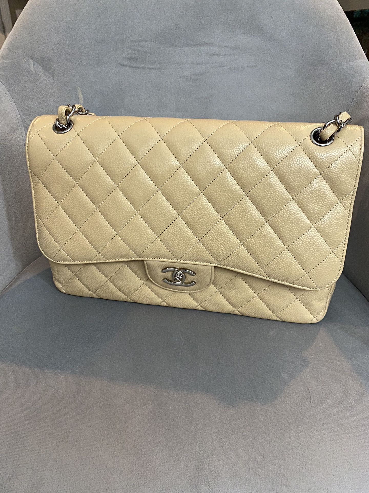 CHANEL Beige Quilted Caviar Leather Jumbo Classic: Double Flag Bag