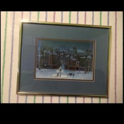 Blue framed and matted painting(print) - snowy square scene