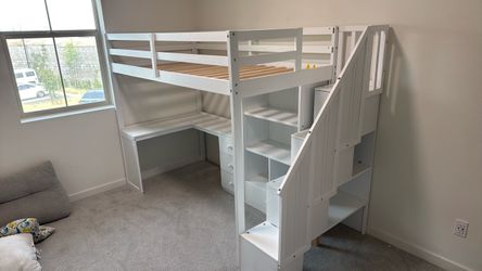 White Loft Bed with Desk and Stairs