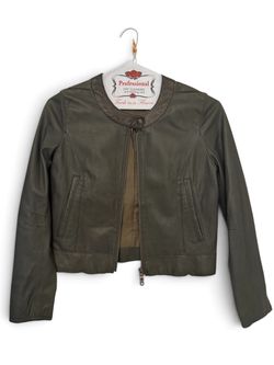 Olive Green Cropped Leather Jacket